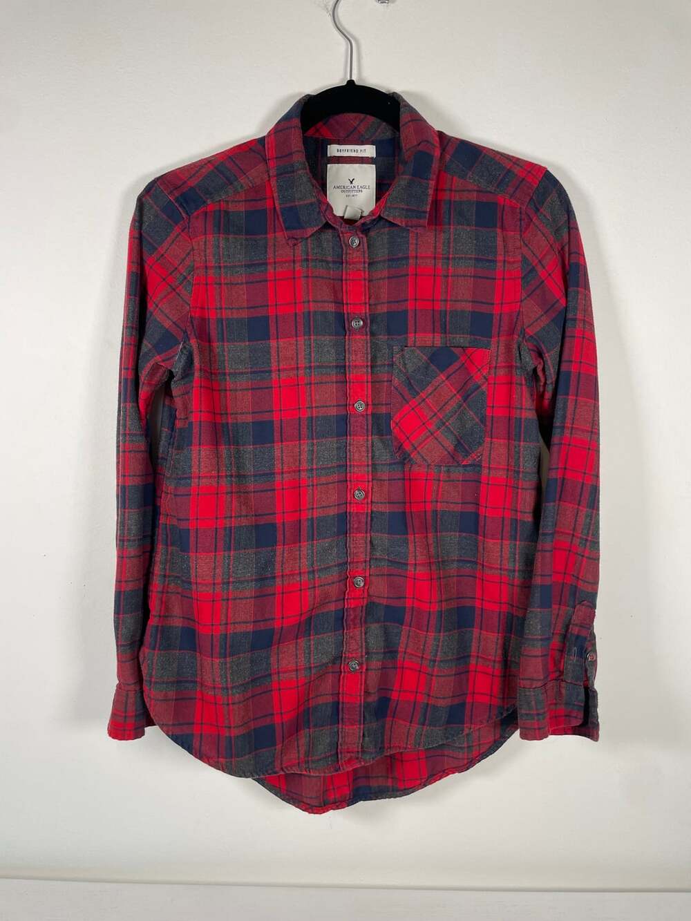 American Eagle Women's Red and Charcoal Boyfriend Fit Plaid Flannel Shirt Sz S